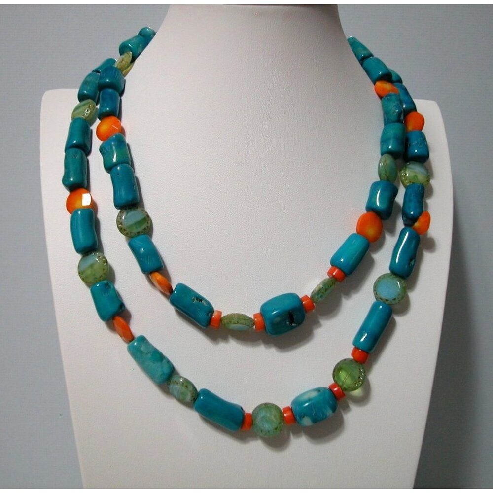 Turquoise & Coral Chunky Beaded Necklace With Toggle Clasp
